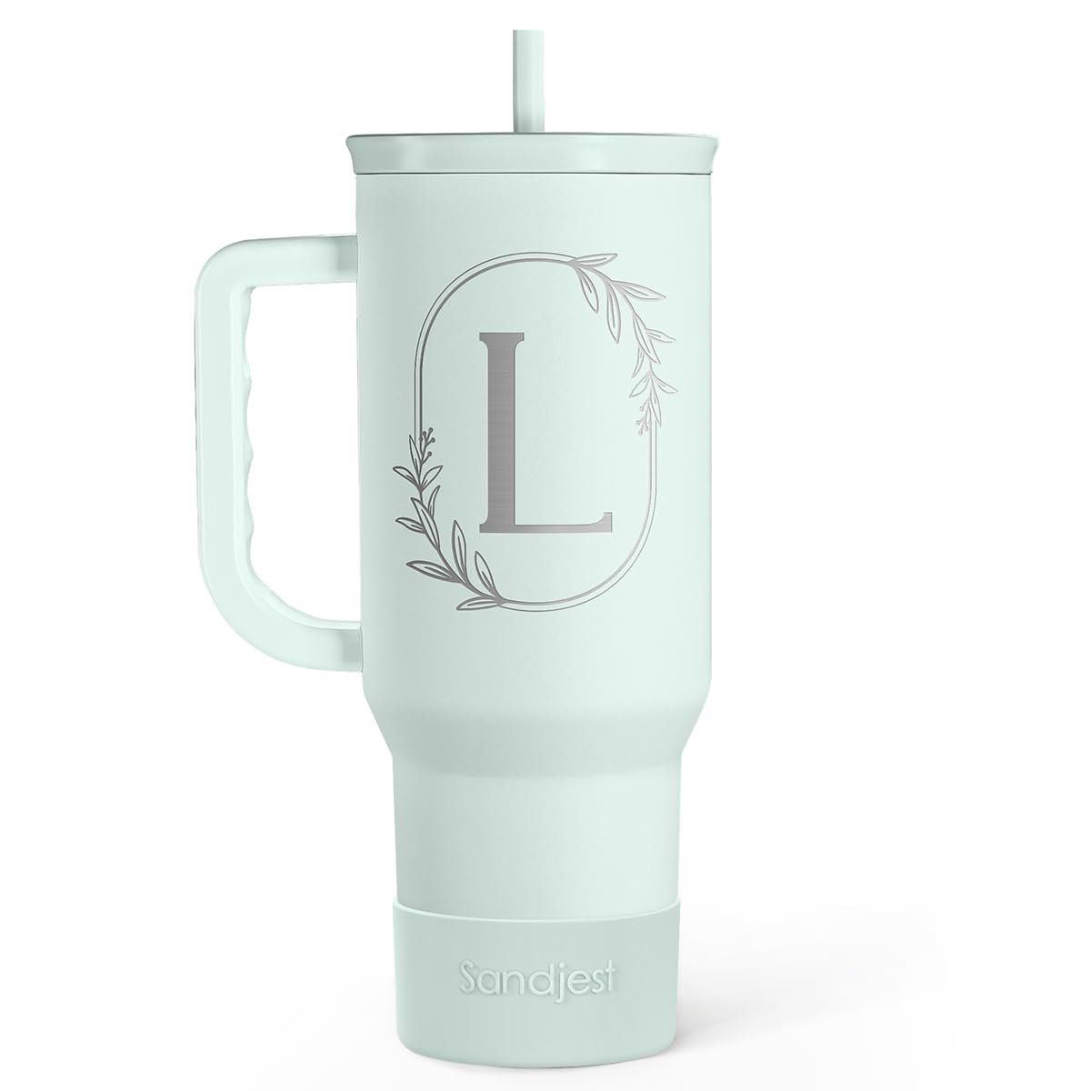 SANDJEST 40oz monogram tumbler with handle, front view for daily hydration.