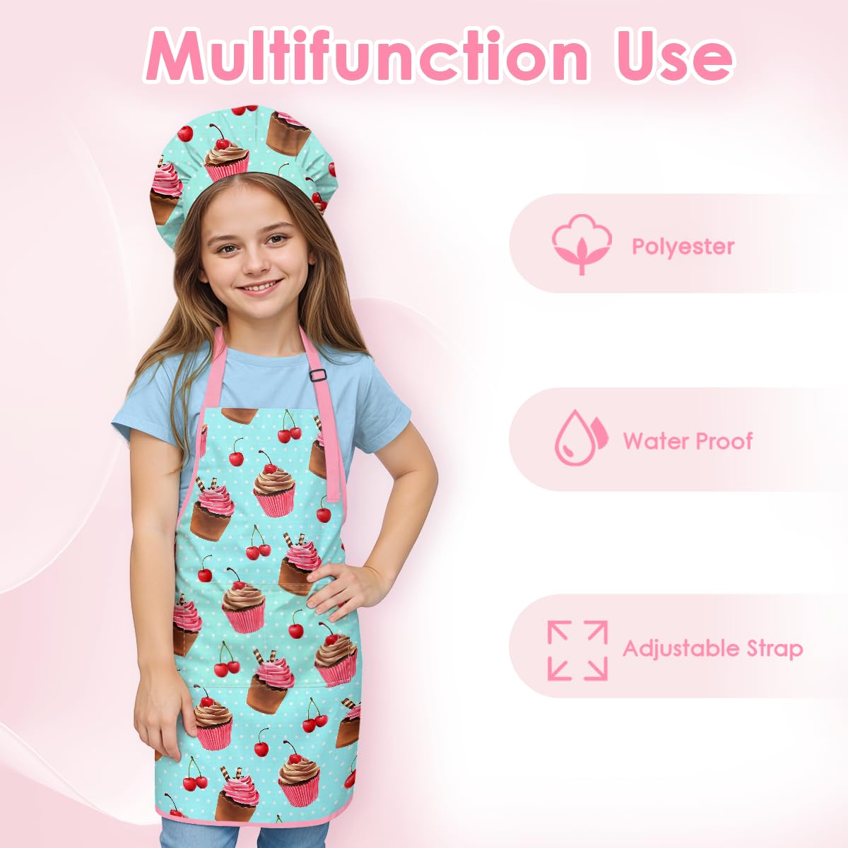 SANDJEST adjustable neck strap and waist ties for growing kids' comfort.