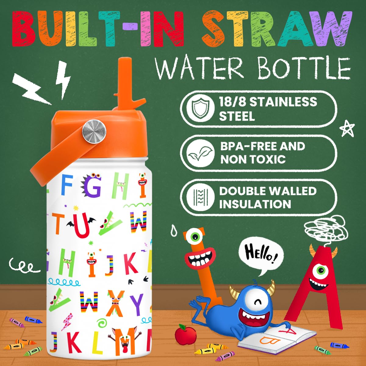 SANDJEST alphabet design bottle ideal for school and travel with playful visuals.