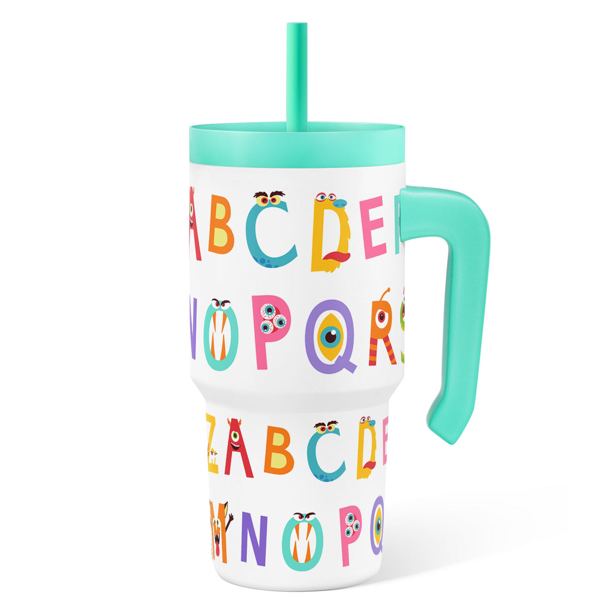 SANDJEST Alphabet Tumbler 20oz with monster design, ideal for kids on the go