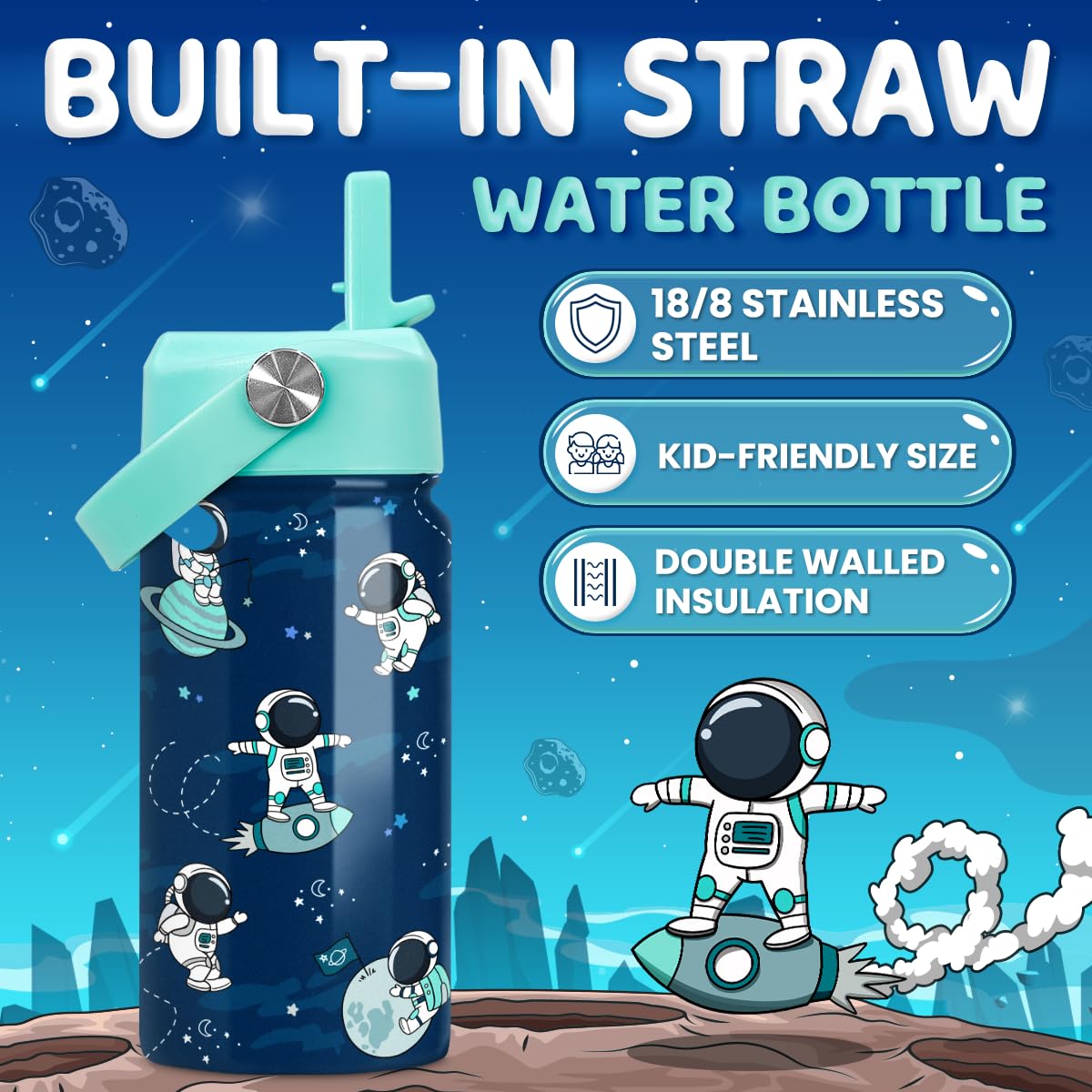 SANDJEST Astronaut bottle insulated 12oz keeps drinks cool during lessons and play.