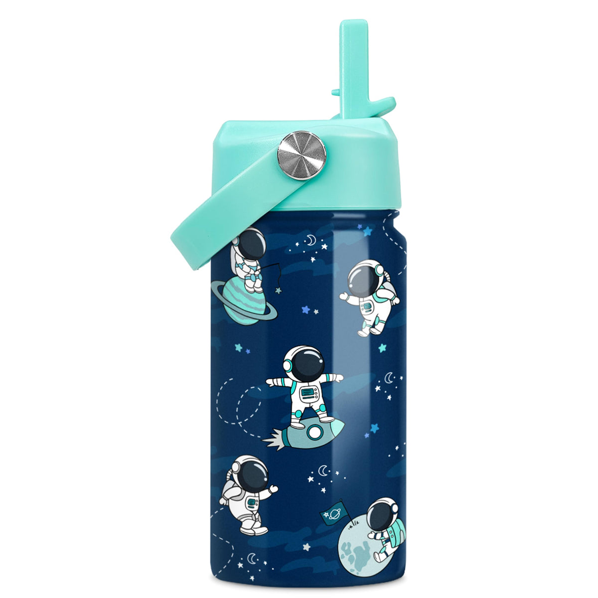 SANDJEST Astronaut bottle with straw lid for easy kid sipping.