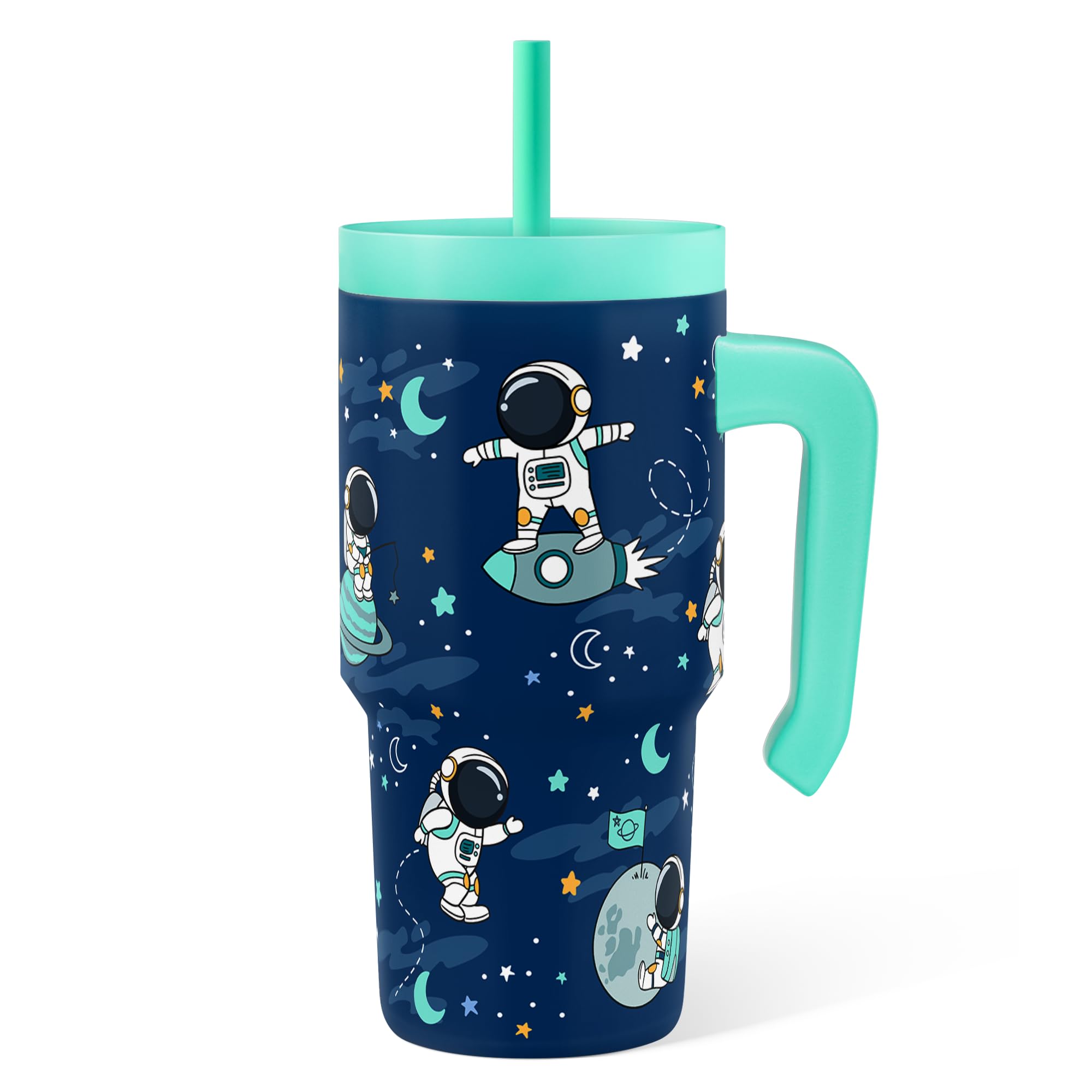 SANDJEST Astronaut Tumbler with half-handle offers easy grip for kids on the go.