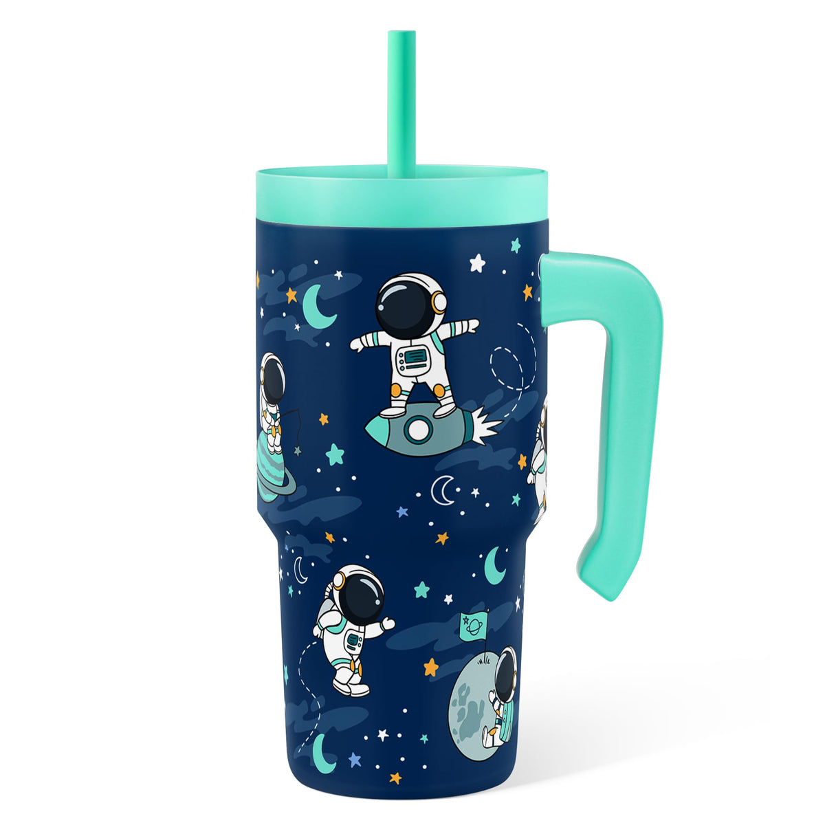 SANDJEST Astronaut Tumbler with half-handle offers easy grip for kids on the go.