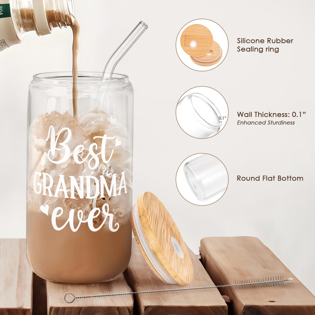 Sandjest bamboo lid and glass straw promote reusable, sustainable sipping.