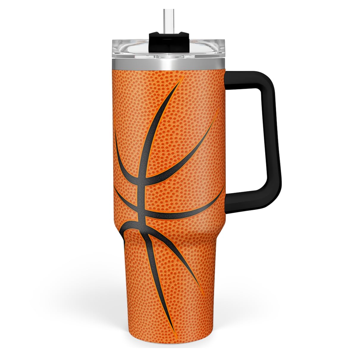 SANDJEST basketball tumbler with handle showing 40oz capacity for all-day hydration.