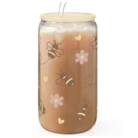 SANDJEST Bee 16oz glass tumbler for iced beverages on the go