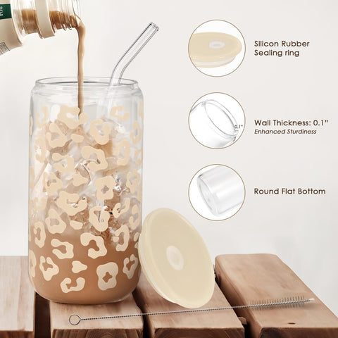 Beige leopard lid and glass straw from SANDJEST for sustainable sipping