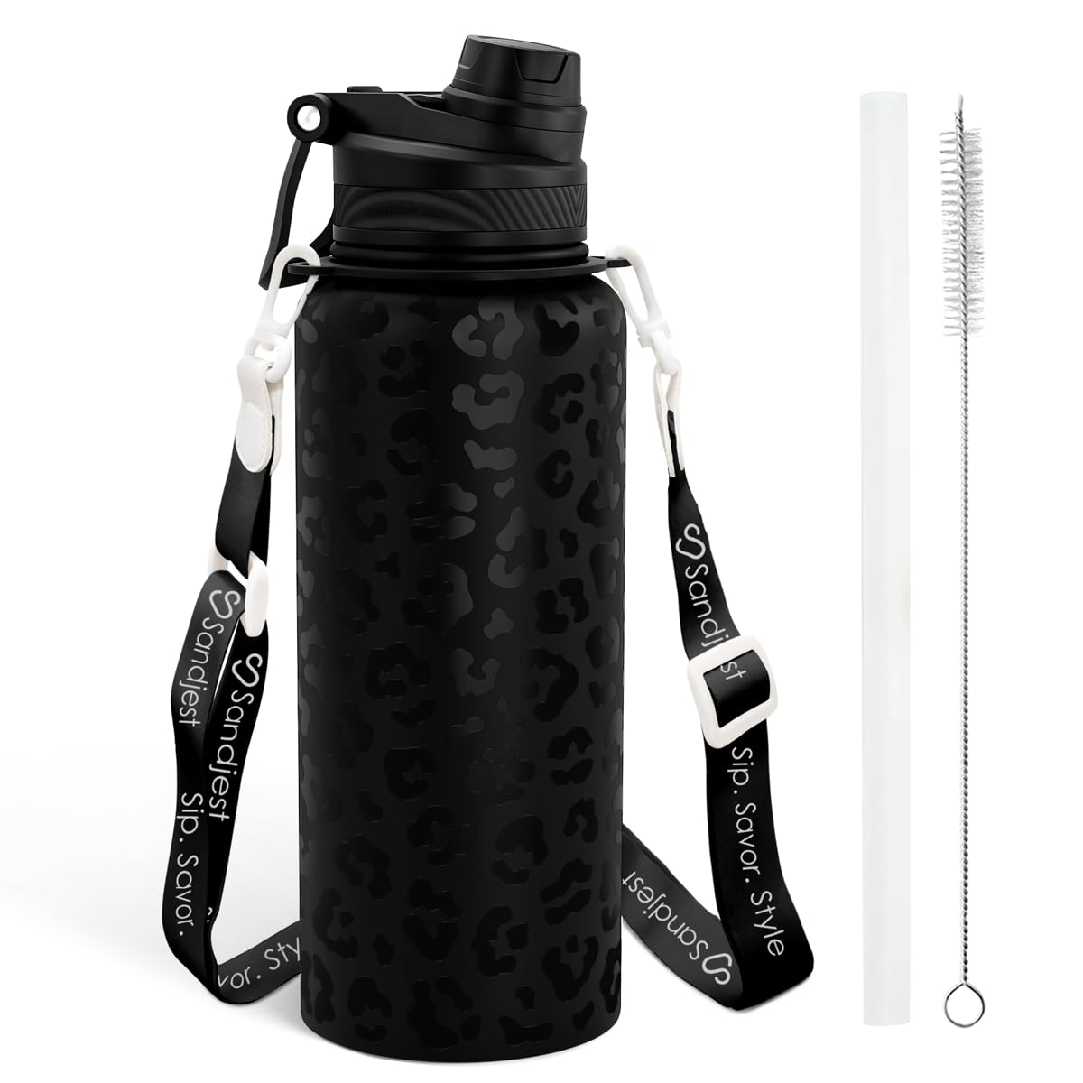 SANDJEST black leopard bottle body, stylish hydration for gym and daily use