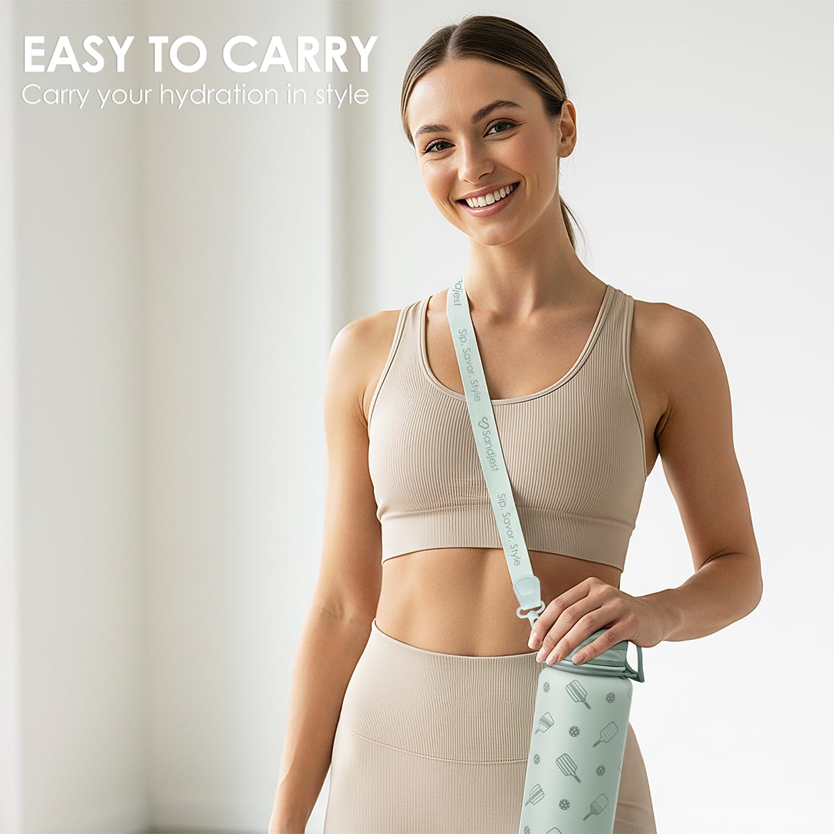 SANDJEST bottle in gym bag demonstrates convenient hydration between sets.