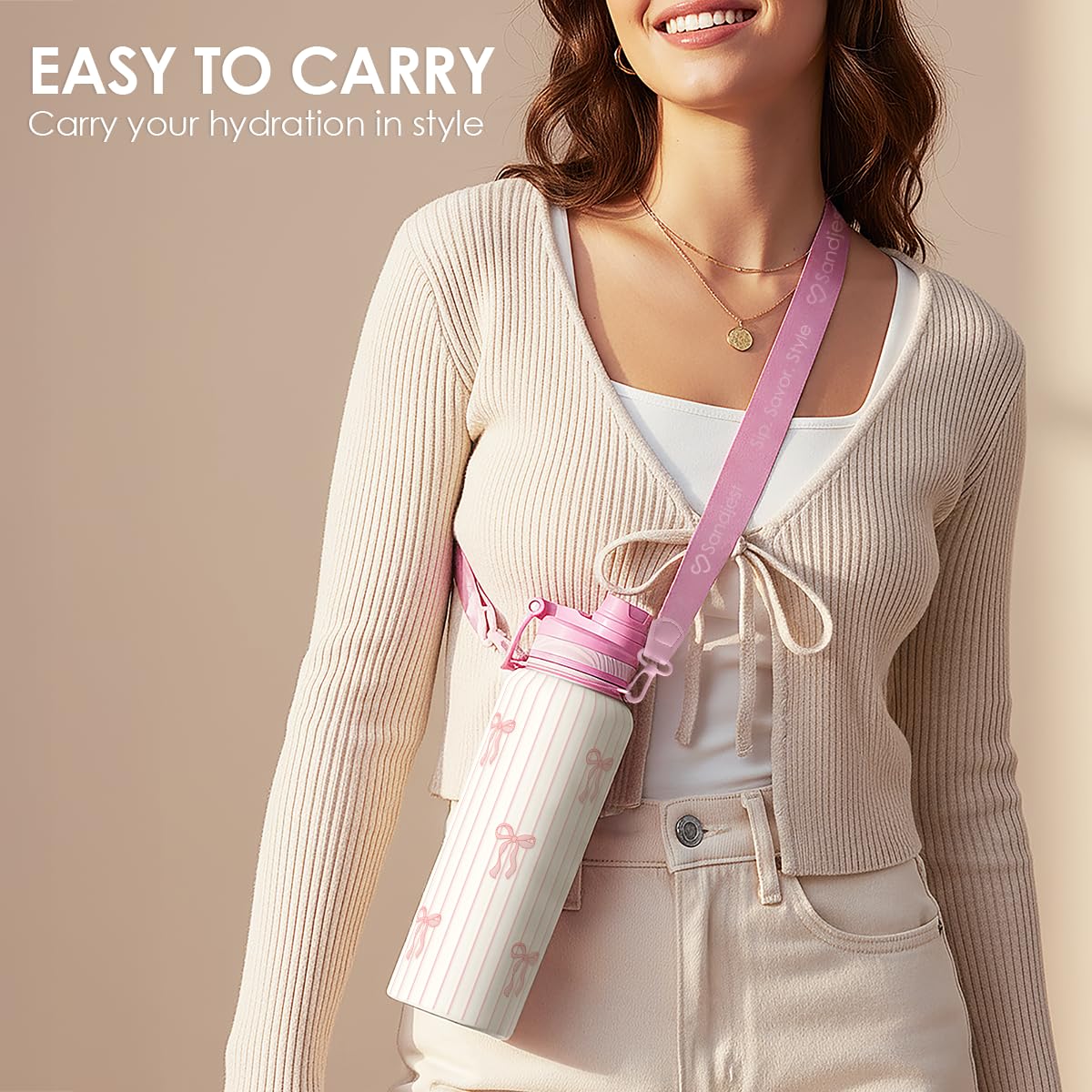 SANDJEST Bow bottle adjustable strap detail for comfortable carrying