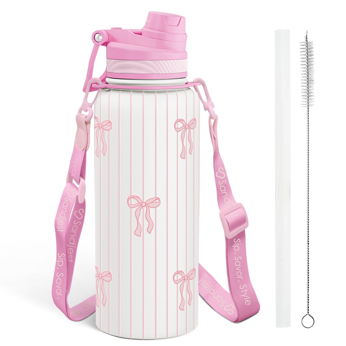 SANDJEST Bow bottle with strap for hands-free hydration on the go