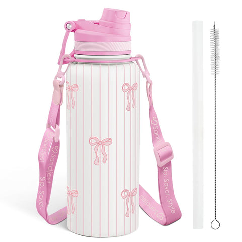 SANDJEST Bow bottle with strap for hands-free hydration on the go