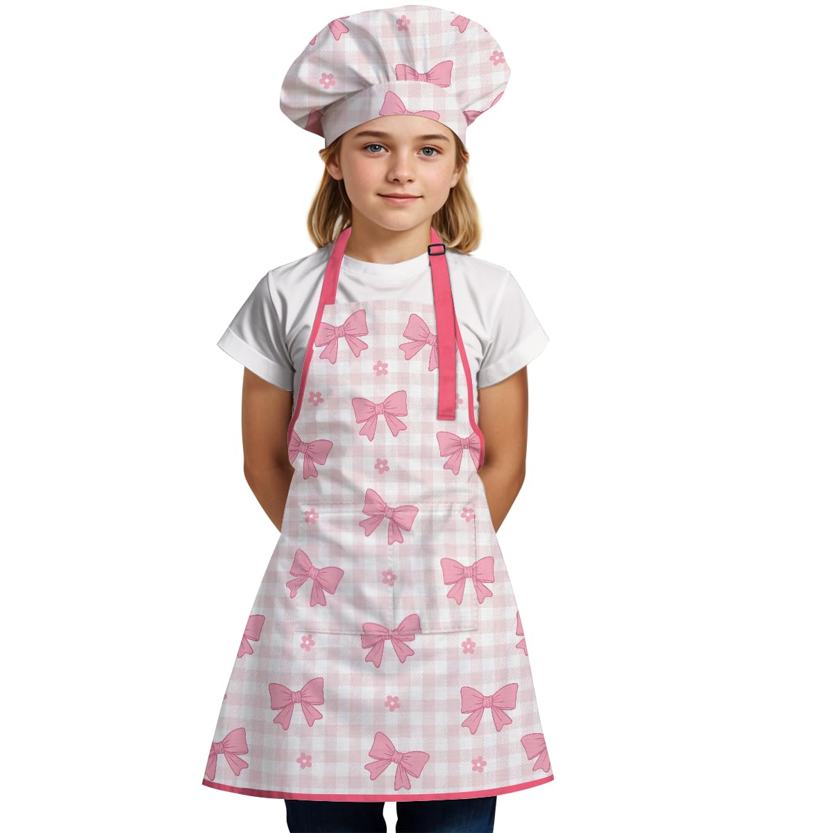 SANDJEST Bow Kid Apron with chef hat complete kid chef outfit