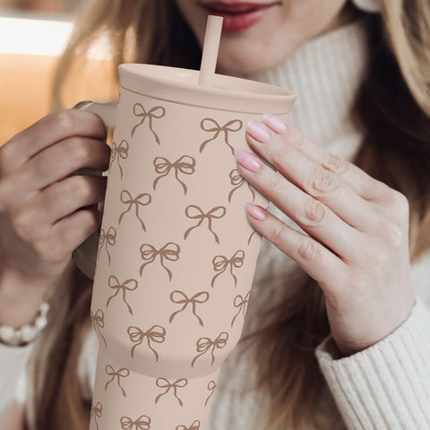 SANDJEST Bow tumbler travel-friendly for work, workouts, and adventures