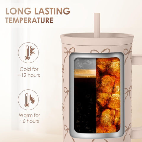 SANDJEST Bow tumbler showcasing large 40oz capacity reduces refills during the day
