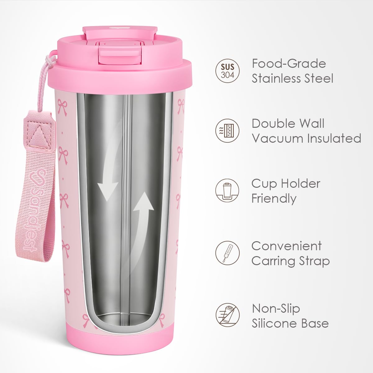 SANDJEST Bow Tumbler pink stainless body keeps beverages at the right temperature