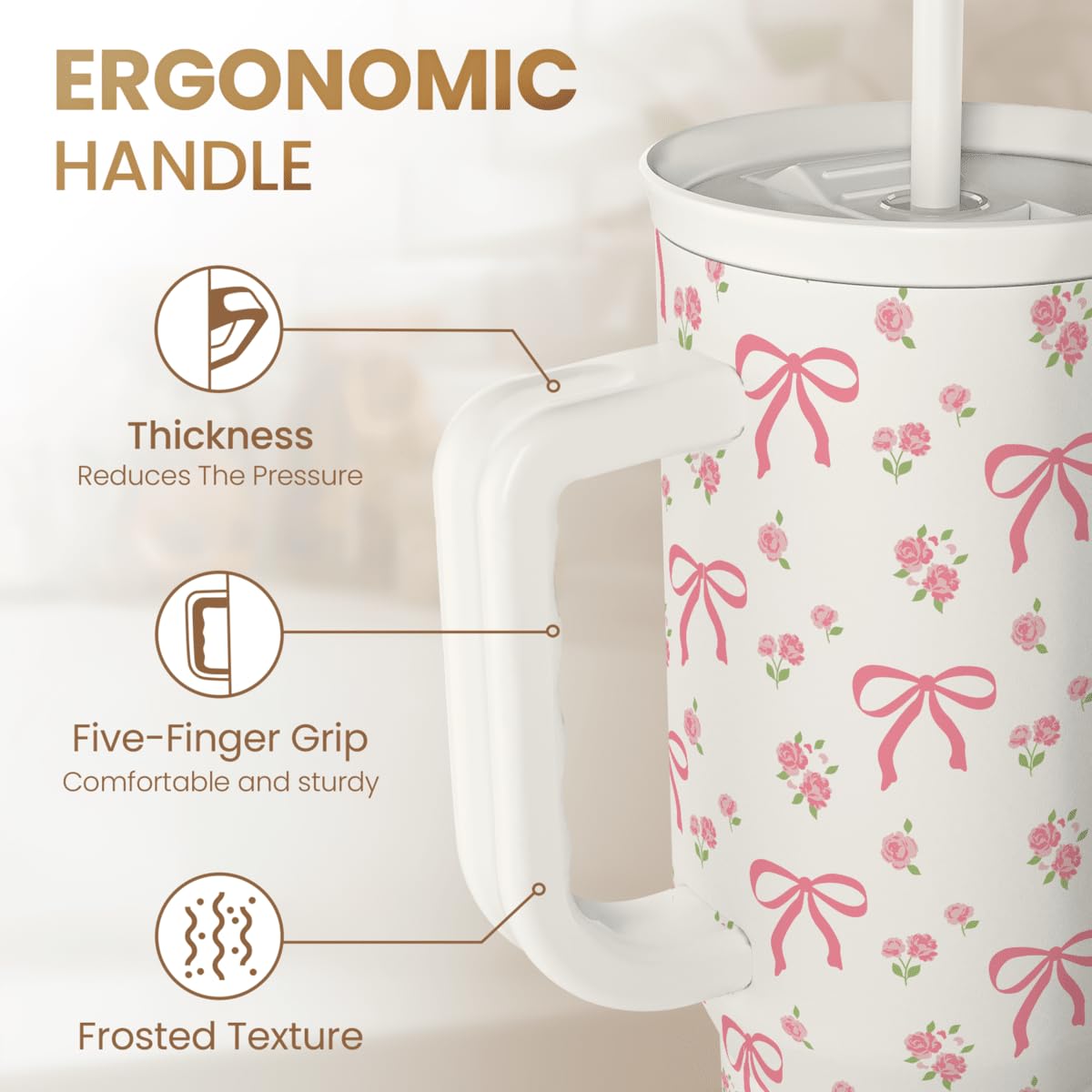 SANDJEST Bow Tumbler slider lid close-up shows spill-safe sipping