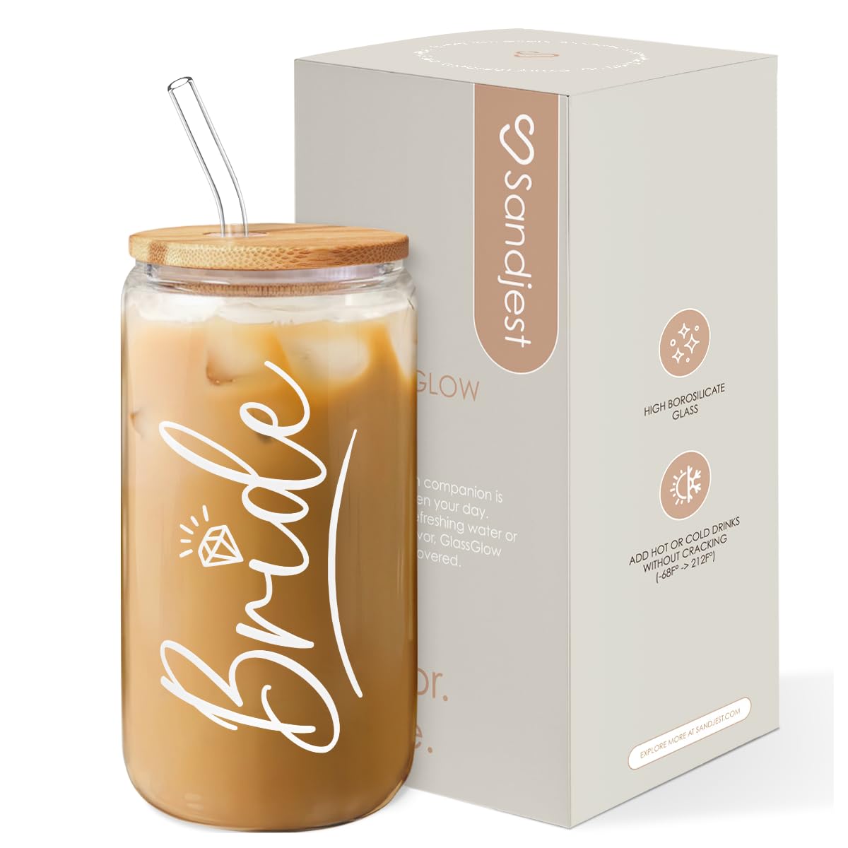 SANDJEST Bride glass coffee cup with bamboo lid and straw for stylish hydration