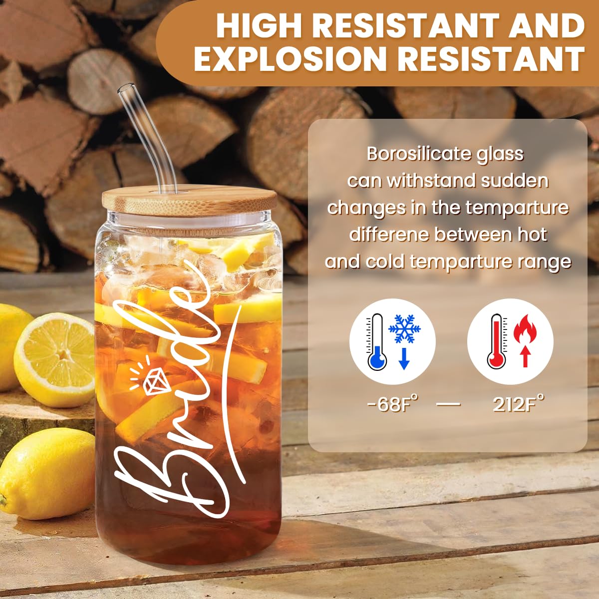 Close-up of bamboo lid and glass straw with sustainable design