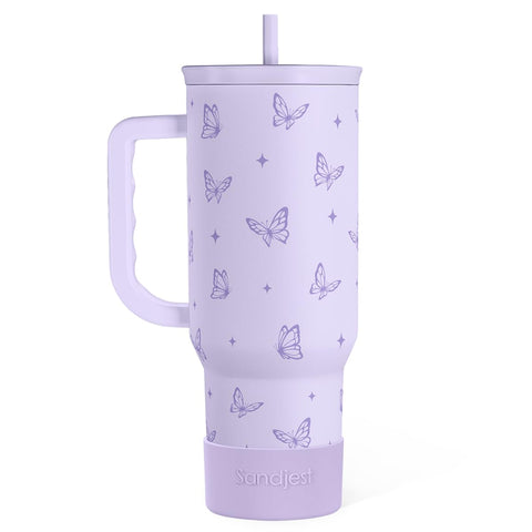 SANDJEST butterfly gifts purple tumbler front view showing 40-ounce capacity for on-the-go hydration