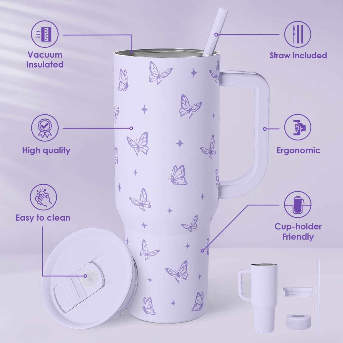 SANDJEST purple tumbler handle close-up highlighting ergonomic grip and durable stainless steel