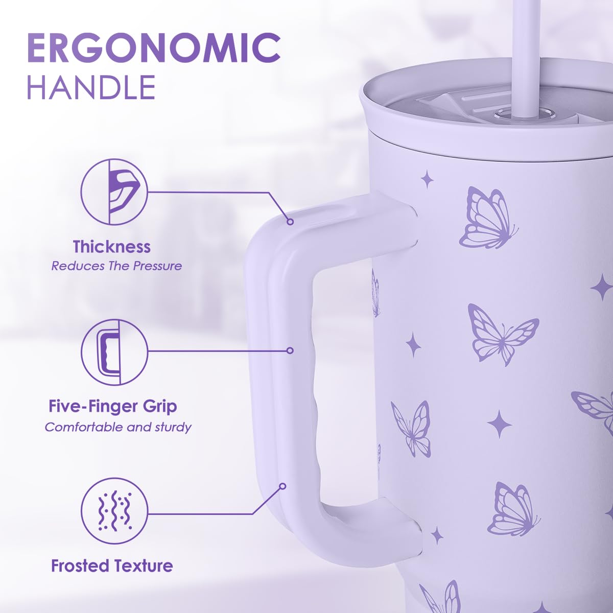 SANDJEST butterfly purple tumbler lid and spout for spill-free travel