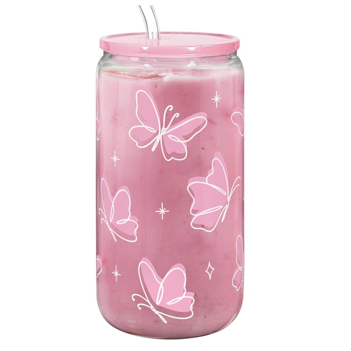 SANDJEST Butterfly 16oz glass tumbler displays iced coffee in crystal clarity.