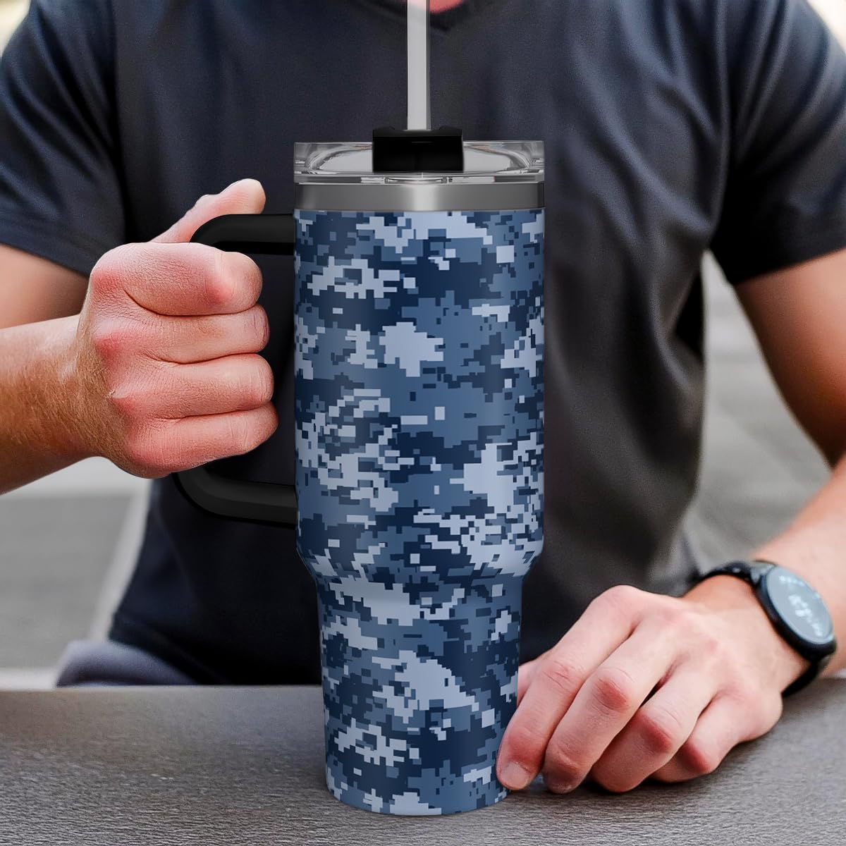 SANDJEST Camouflage 40oz tumbler designed for outdoor travel and adventures