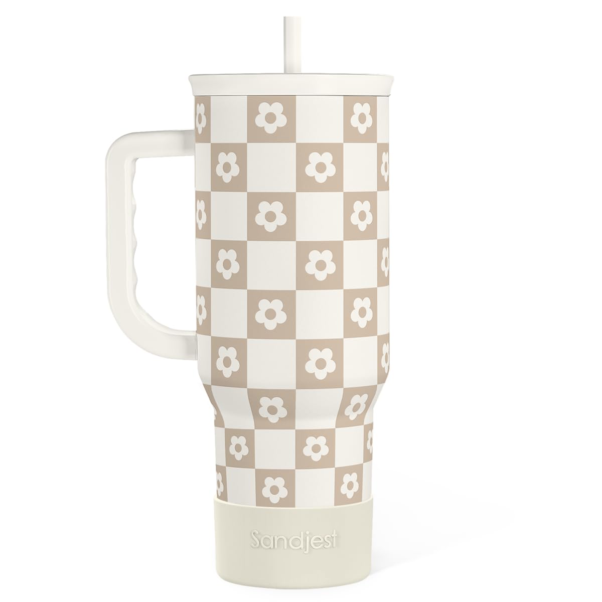 SANDJEST Checker Tumbler 40oz with handle and straw keeps beverages cold or hot on the go.