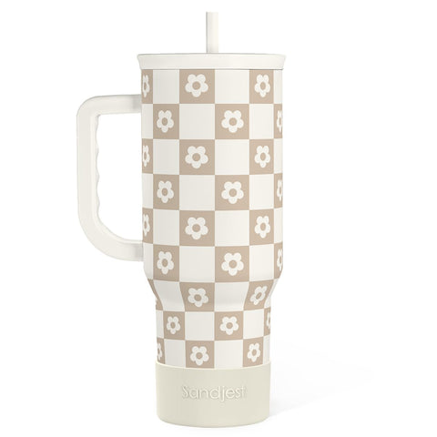 SANDJEST Checker Tumbler 40oz with handle and straw keeps beverages cold or hot on the go.
