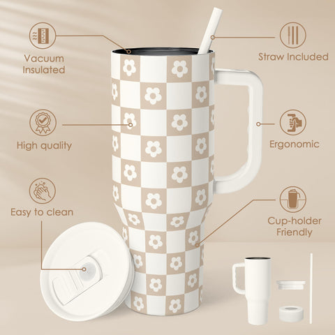 SANDJEST Checker Tumbler with slider lid enables easy one-handed sipping.