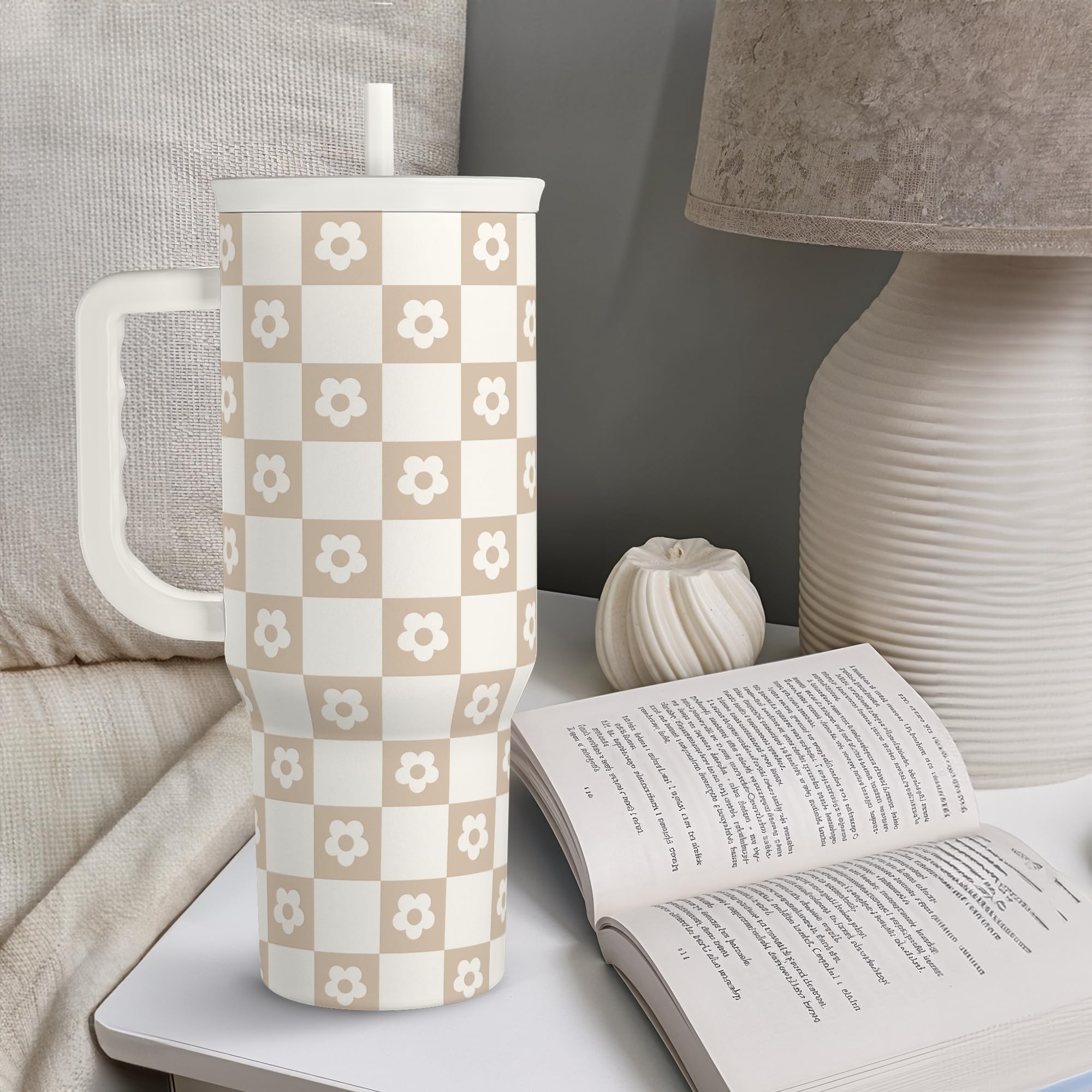 SANDJEST Checker Tumbler keeps drinks within reach during busy days.