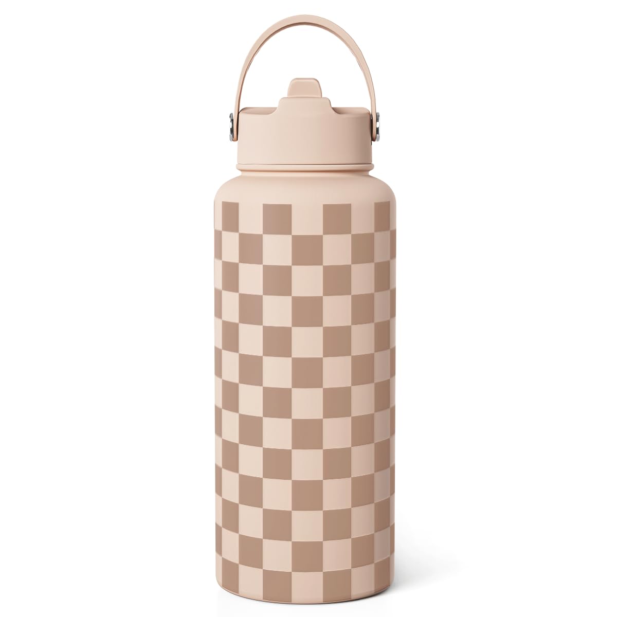 SANDJEST checkerboard bottle 32oz beige in durable stainless steel for everyday hydration