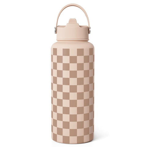 SANDJEST checkerboard bottle 32oz beige in durable stainless steel for everyday hydration