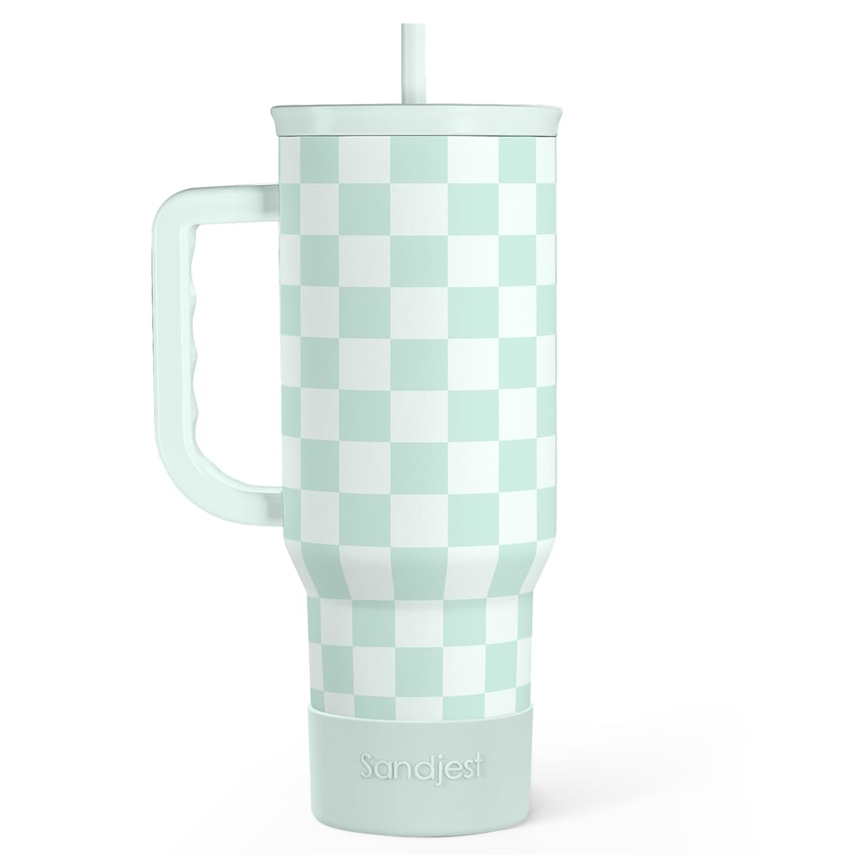 SANDJEST mint checker tumbler with handle for on-the-go hydration.