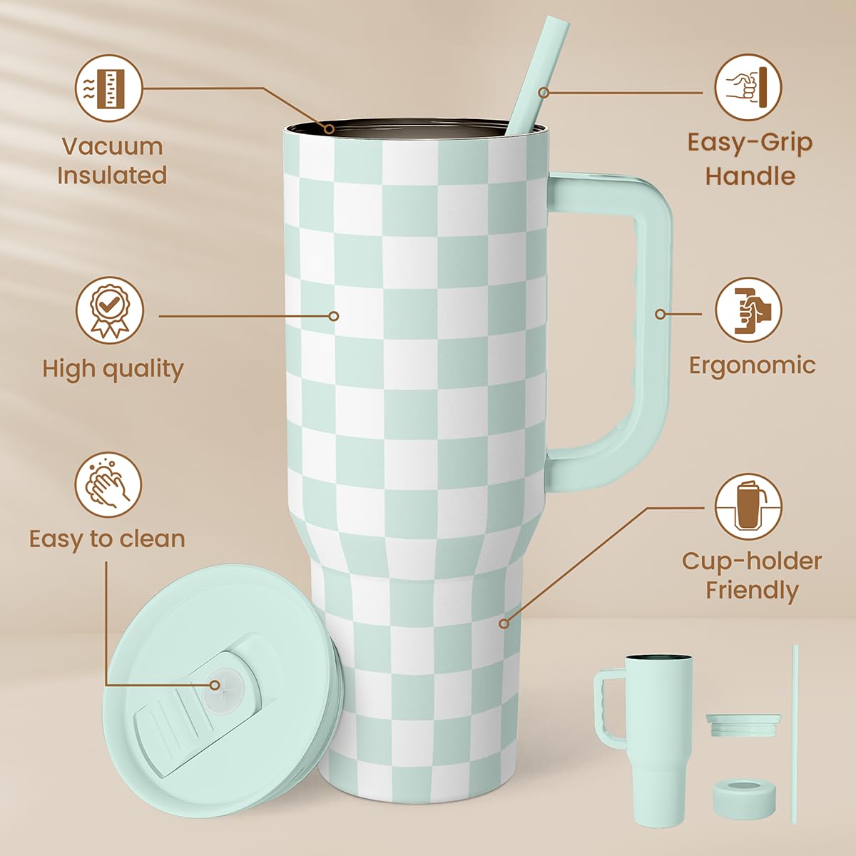 SANDJEST insulated stainless steel tumbler keeps drinks cold or hot longer.