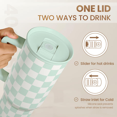 SANDJEST checkered tumbler shown on desk for home or office hydration.