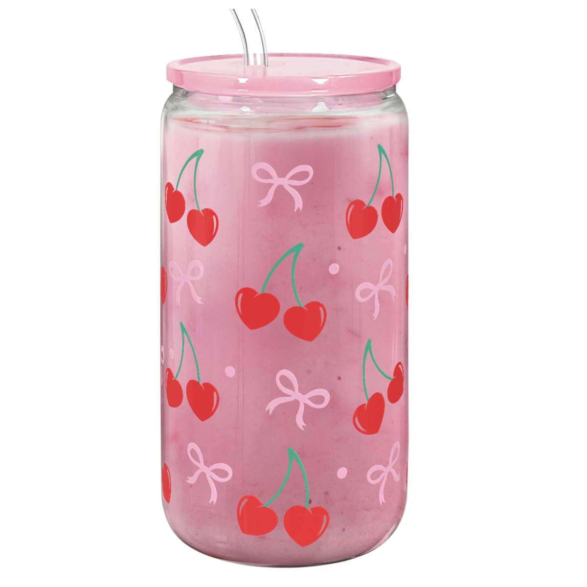 SANDJEST Cherry 16oz glass tumbler with lid and straw for stylish iced beverages on the go
