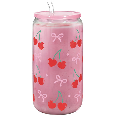 SANDJEST Cherry 16oz glass tumbler with lid and straw for stylish iced beverages on the go