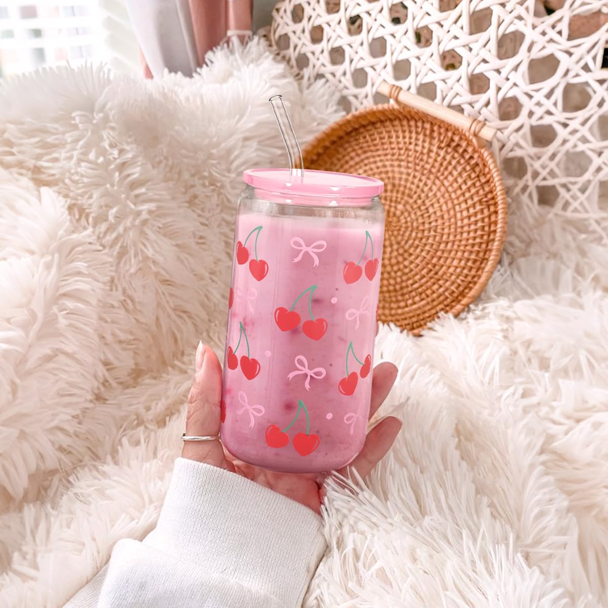 SANDJEST Cherry 16oz tumbler used daily for coffee or smoothies on the go