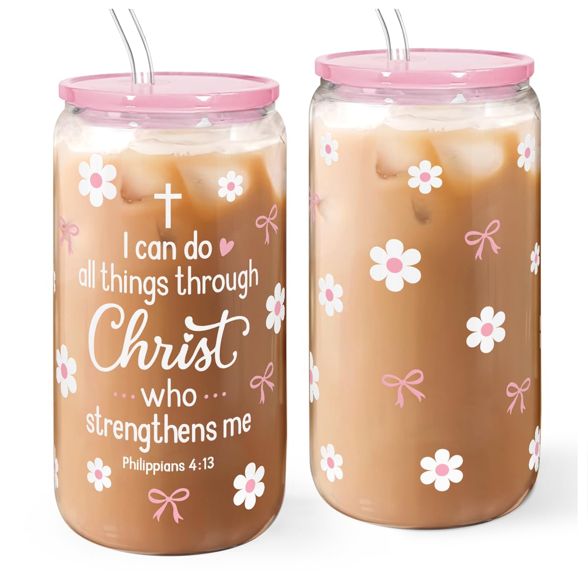 SANDJEST Christian Glass Tumbler with lid and straw for on-the-go iced coffee.
