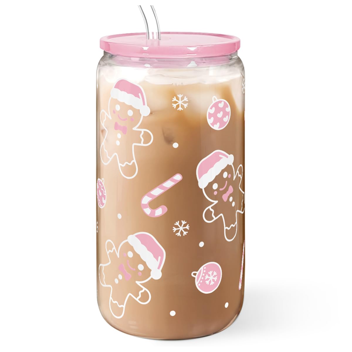 SANDJEST Christmas Gingerbread 16oz tumbler with lid and straw, ideal for iced coffee on the go.
