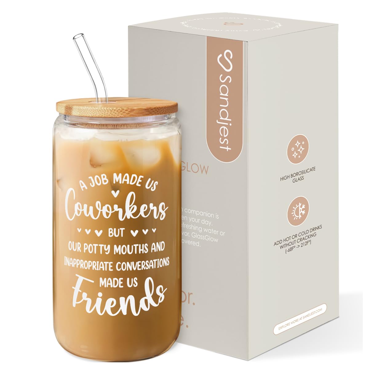 SANDJEST 16oz glass coffee cup for stylish reusable sipping on the go