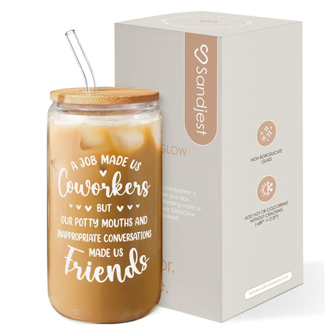 SANDJEST 16oz glass coffee cup for stylish reusable sipping on the go