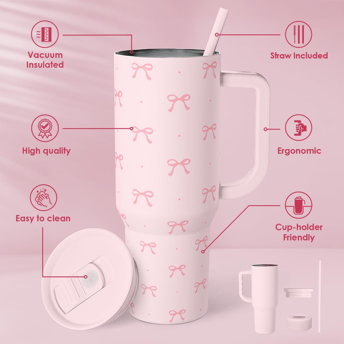 SANDJEST Coquette Bow travel mug 40oz preserves cold drinks during long commutes