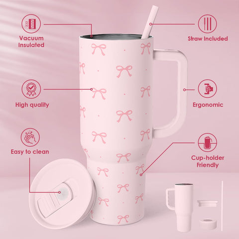 SANDJEST Coquette Bow travel mug 40oz preserves cold drinks during long commutes
