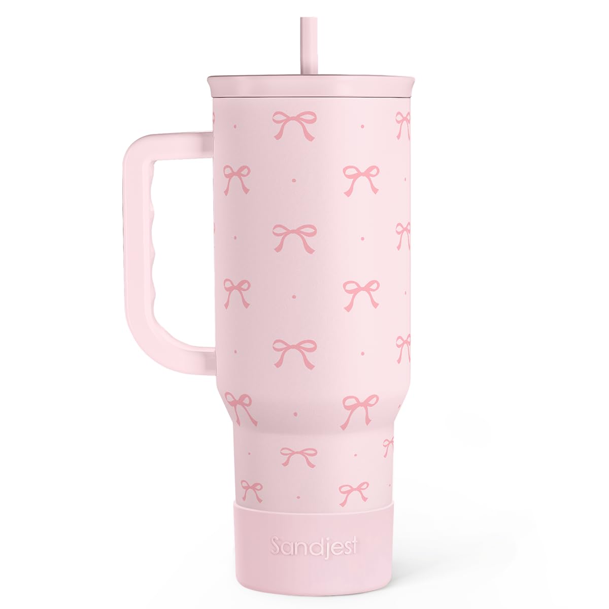 SANDJEST Coquette Bow tumbler with handle keeping beverages at ideal temperature on the go