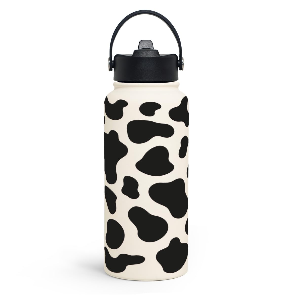 SANDJEST cow-print bottle front view 32oz for all-day hydration on the go