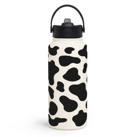 SANDJEST cow-print bottle front view 32oz for all-day hydration on the go